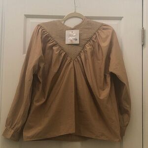 Elegant Tan Blouse with Smocked Detail
